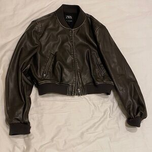 Zara Cropped Dark Brown Leather Bomber Jacket